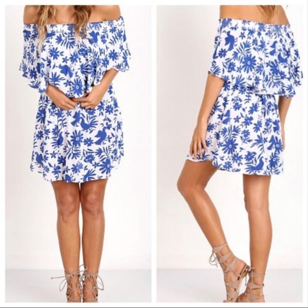 Show Me Your Mumu Floral Off Shoulder Blue And White Casita Mini Dress